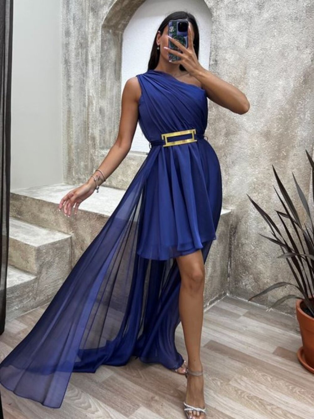 Explosion Blue One-Shoulder High-Low Chiffon Maxi Dress
